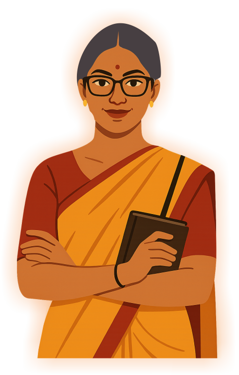 Female tutor in orange sari with books and tablet